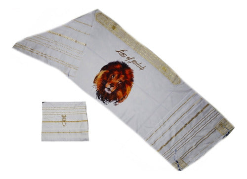 Talit Messiânico Leão De Judá Branco Com Dourado - Israel #