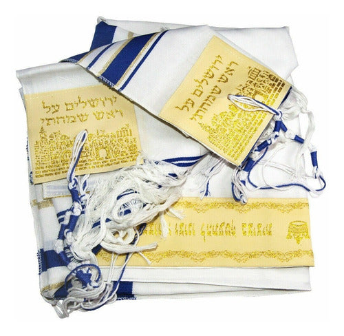 Talit Messiânico Gadol Azul Com Dourado - 110x160cm - Israel