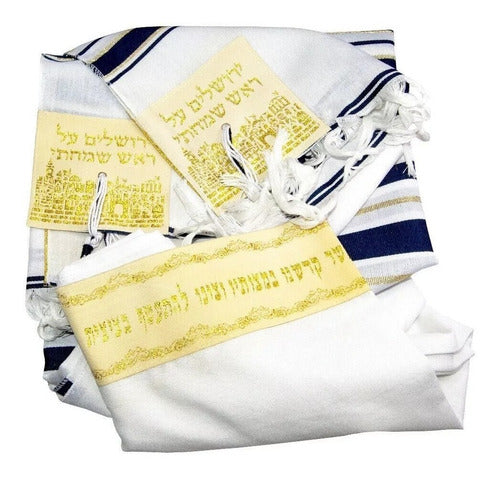 Talit Messiânico Gadol Azul Com Dourado - 110x160cm - Israel