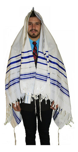 Talit Ortodoxo Gadol Jumbo Azul Com Prata 140x180cm Talitnia