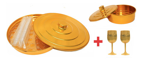 Kit Para Santa Ceia Média Com Duas Bandejas E Taças Douradas