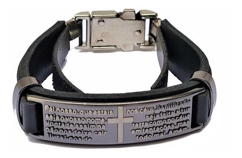 Pulseira De Couro Pai Nosso Verniz Gospel Regulável