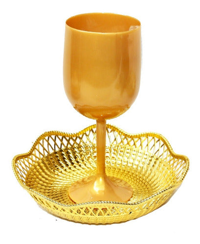 Kit Taça E Prato Para Mesa De Santa Ceia Dourada