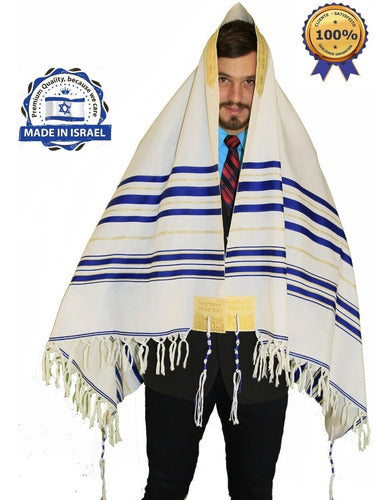 Talit Messiânico Gadol Azul Com Dourado - 110x160cm - Israel