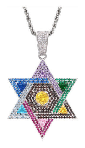 Corrente E Pingente De Prata Estrela De Davi Com Pedras