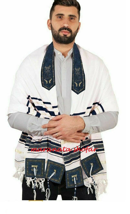 Talit Ortodoxo Gadol Grande Importado De Israel - Azul