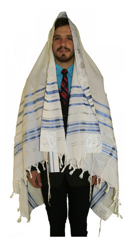 Talit Ortodoxo Gadol Jumbo Azul Com Prata 140x180cm - De Israel - Talitnia - Original