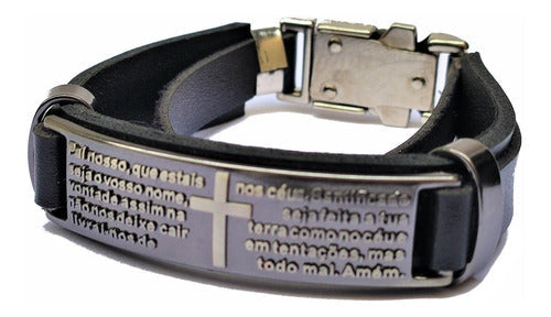 Pulseira De Couro Pai Nosso Verniz Gospel Regulável