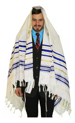 Talit Ortodoxo Gadol Jumbo Azul Com Dourado 140x180cm - De Israel - Talitnia